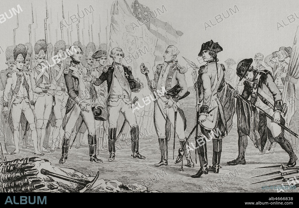 Guerra de Independencia de los Estados Unidos de América. Capitulaciones de Cornwallis en Yorktown, Virginia, el 19 de octubre de 1781. Grabado por Vernier. Panorama Universal. Historia de los Estados Unidos de América, por Roux de Rochelle. Edición española, impresa en Barcelona,1850.