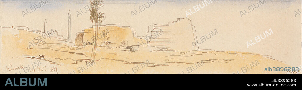 EDWARD LEAR. Karnak, 24 February 1867 (545). Date/Period: 1867. Landscape. Watercolor with pen in browni ink over graphite on moderately thick, rough, cream wove paper. Height: 63 mm (2.48 in); Width: 251 mm (9.88 in).
