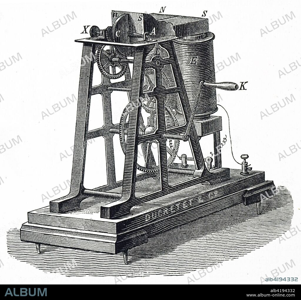 Engraving depicting Léon Foucault's machine for producing a current in a copper plate C). Léon Foucault (1819-1868) a French physicist best known for his demonstration of the Foucault pendulum, a device demonstrating the effect of the Earth's rotation. Dated 19th century.