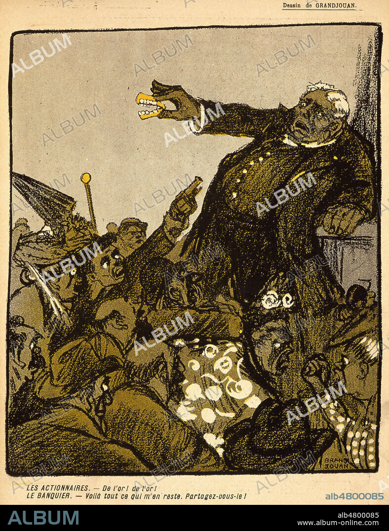 JULES GRANDJOUAN. 'Les actionnaires : de l'or ! De l'or !' Caricature par GRANDJOUAN (1878-1965)(ADAGP) tiree de l'Assiette au Beurre du 07/12/1907 intitulee 'Le krack de l'or en Amerique'. Credit : Collection KHARBINE-TAPABOR.