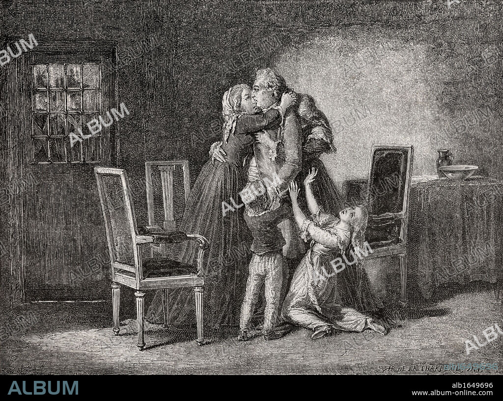 The Royal Family's last farewell, 20 January 1793. Engraved by Carbonneau after De La Charlerie. From "Histoire de la Revolution Francaise" by Louis Blanc.