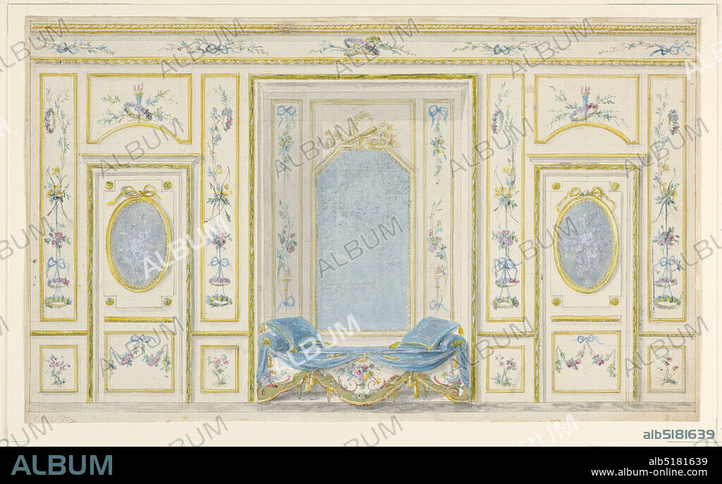 Elevation of the Wall of a Salon, Pierre Ranson, French, 17361786, Pen and ink, brush and watercolor, gouache, black wash, graphite on white heightening on paper, Interior wall decoration for a salon with gold molding, oval and rectangular mirrors/panels; decorations include floral rinceau with bows and arrows throughout., France, ca. 1780, architecture, interiors, Drawing, Drawing.