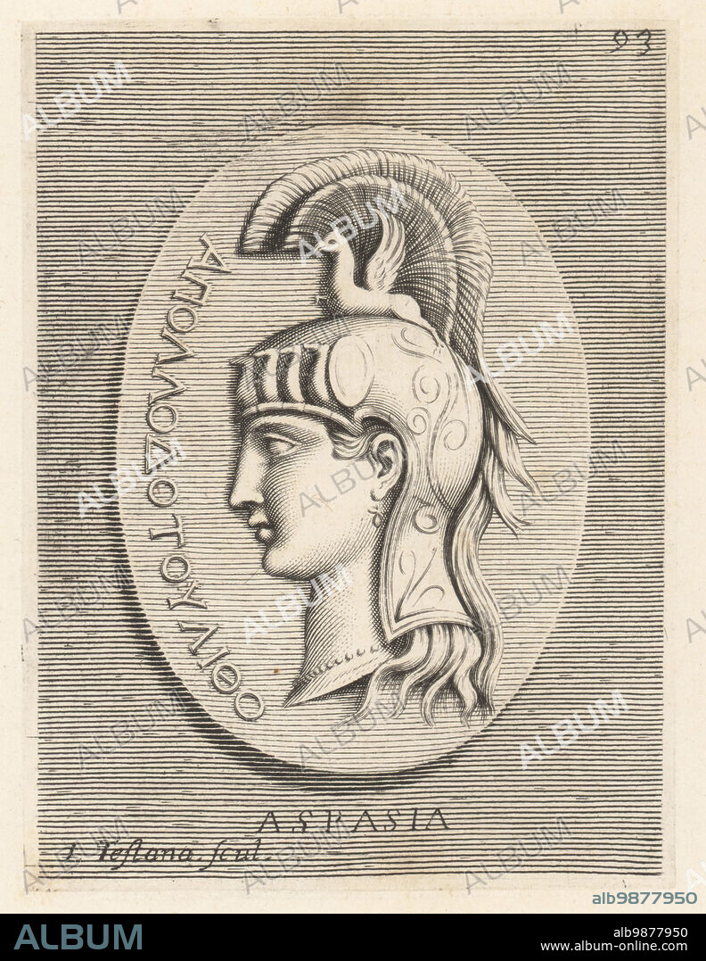 Aspasia, born in Miletus, she moved to Athens and had a relationship with the statesman Pericles, 5th century BC. Wearing a helmet with a griffin supporting a crest. With Greek letters indicating a gift from Apollo from a precious stone. Aspasia con Griso sopra l'Elmo. Copperplate engraving by Joseph Testana after Giovanni Angelo Canini from Iconografia, cioe disegni d'imagini de famosissimi monarchi, regi, filososi, poeti ed oratori dell' Antichita, Drawings of images of famous monarchs, kings, philosophers, poets and orators of Antiquity, Ignatio deLazari, Rome, 1699.