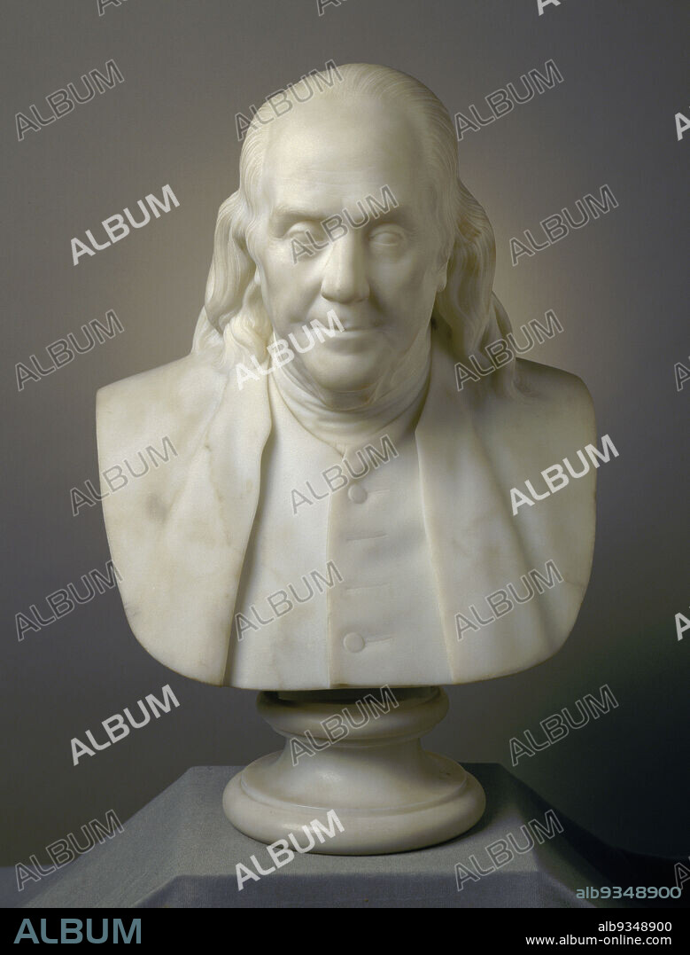 Benjamin Franklin, Hiram Powers, American, 18051873, 185173, Marble, Made in Florence, Italy, Europe, Sculpture, stone & mineral, 18 x 12 1/2 x 10 in. (45.7 x 31.8 x 25.4 cm).