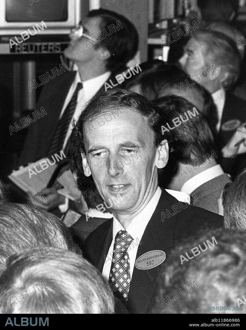 Sir Nicholas Goodison, Chairman of the Stock Exchange, in the city today when he opened the London International Financial Futures Exchange (LIFFE) new contract, the FT-SE 100 index Contract. 3rd May 1984.