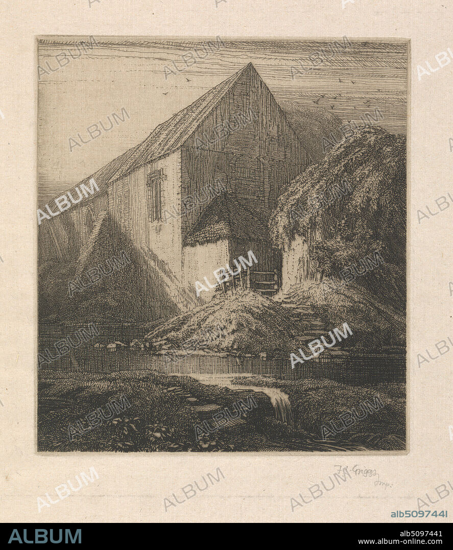 Meppershall Chapel, Frederick Landseer Maur Griggs, 18761938, British, c.1915, Etching, arches, architectural subject, bank, birds, brook, buttress, cascade, chapel, fence, gable, grasses, herbs, landscape, pond, rocks, roofs, ruins, shadows, sheds, shingles, shrubs, steps, trees, vines, windows, Bedfordshire, England, Meppershall, St. Thomas' Chapel, United Kingdom.