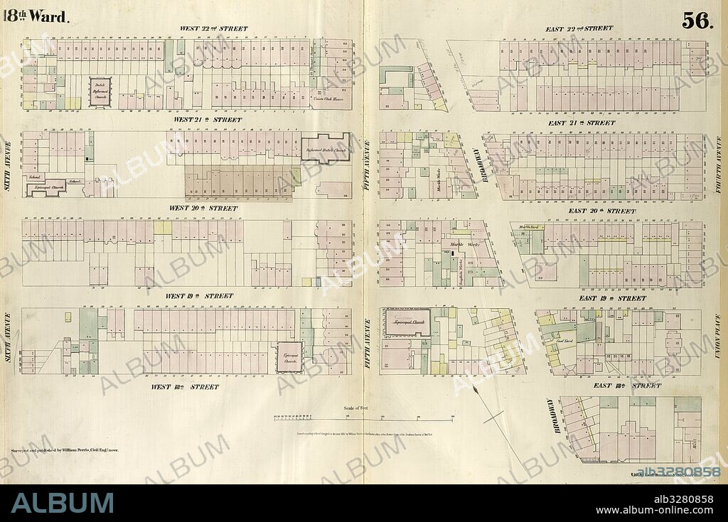 Plate 56: Map bounded by West 22nd Street, East 22nd Street, Fourth Avenue, Union Place, East 17th Street, Broadway, West 18th Street, Sixth Avenue. 1852, 1854, William Perris, New York, N.Y., USA.