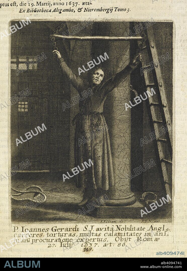 MATTHIAS TANNER. John Gerard (1564â€“1637). An English Jesuit priest, operating covertly in England during the Elizabethan period.  Gerard was captured in London on 23 April 1594. He was later sent to the Salt Tower in the Tower of London, where he was further questioned and tortured by being repeatedly suspended from chains on the dungeon wall. With help from other members of the Catholic underground, Gerard, along with John Arden, escaped on a rope strung across the Tower moat during the night of 4 October 1597. He was incorrectly implicated in the Gunpowder plot. He died in 1637, aged 73, at the English College seminary, Rome. . Societas Jesu Apostolorum Imitatrix sive gesta prÃ¦clara et virtutes eorum, qui e Societate Jesu in procuranda salute animarum ... per totum Orbem terrarum speciali zelo desudarunt. Pars prima Societatis Jesu EuropÃ¦Ã¦. PragÃ¦ : Typis Universitatis Carolo-FerdinandeÃ¦, 1694. Source: 4865.g.21 page 671.