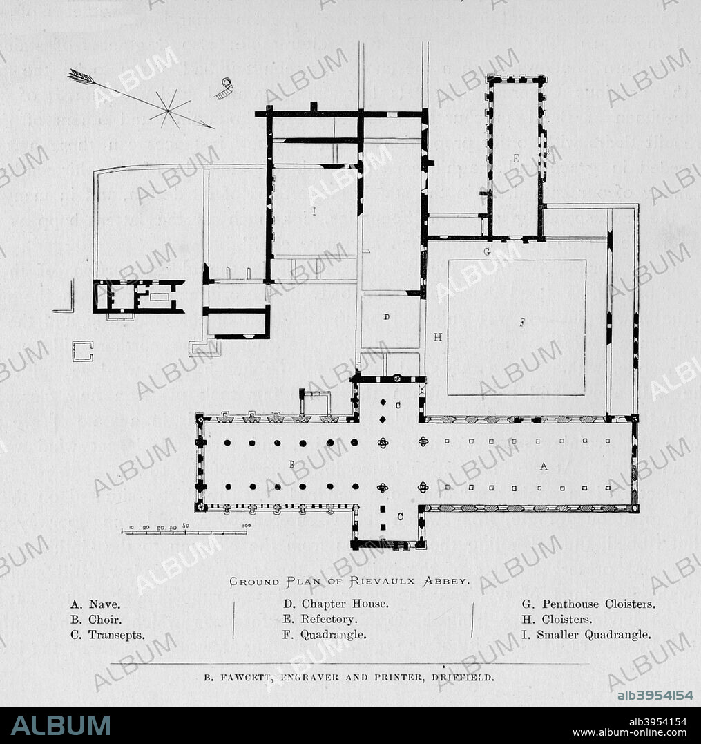 'Ground Plan of Rievaulx Abbey', 1897. From The Ruined Abbeys of Britain by Frederick Ross. [William Mackenzie, London, 1897].