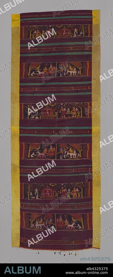 Khmer Pidan with Scenes from the Jataka Tales, Late 19th century, Cambodia, Cambodia, Center panel: silk, weft ikat weft-float faced 1:2 'Z' twill weave, side panels: silk, stripes of weft-faced 1:3 'Z' twill weave and stripes of plain weave, lower edge tape: silk, plain weave with attached gold- and silver-leaf-over-lacquered-paper-wrapped silk knotted cut fringe, center and side panels joined, 303.9 × 110.7 cm (119 3/4 × 43 5/8 in.).