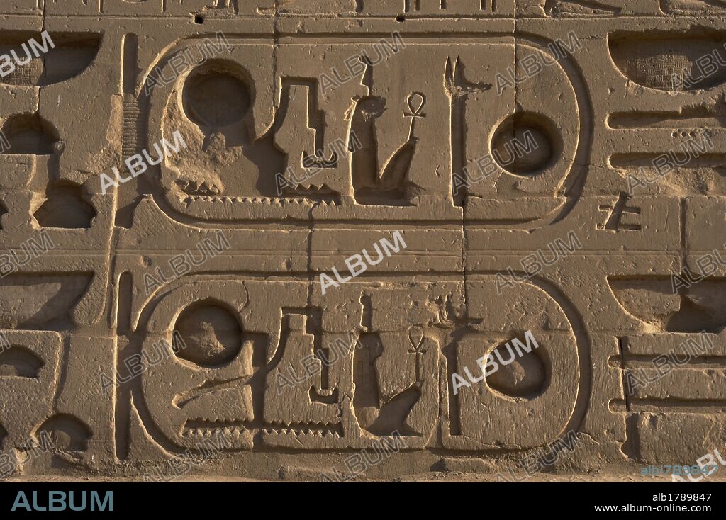 ESCRITURA JEROGLIFICA. EGIPTO. Cuarto PROTOCOLO REAL DE RAMSES II. Detalle de uno de los títulos o nombres reales escritos dentro del CARTUCHO O ANILLO REAL y que el faraón asumía en el momento de su ascensión al trono. Cuarto título: Rey del Alto y Bajo Egipto, "el dios Ra es rico en Verdad y Justicia, el elegido de Ra". TEMPLO DE KARNAK. Noroeste de Luxor. Egipto. DINASTIA XIX. (1320-1200a. C.). IMPERIO NUEVO.