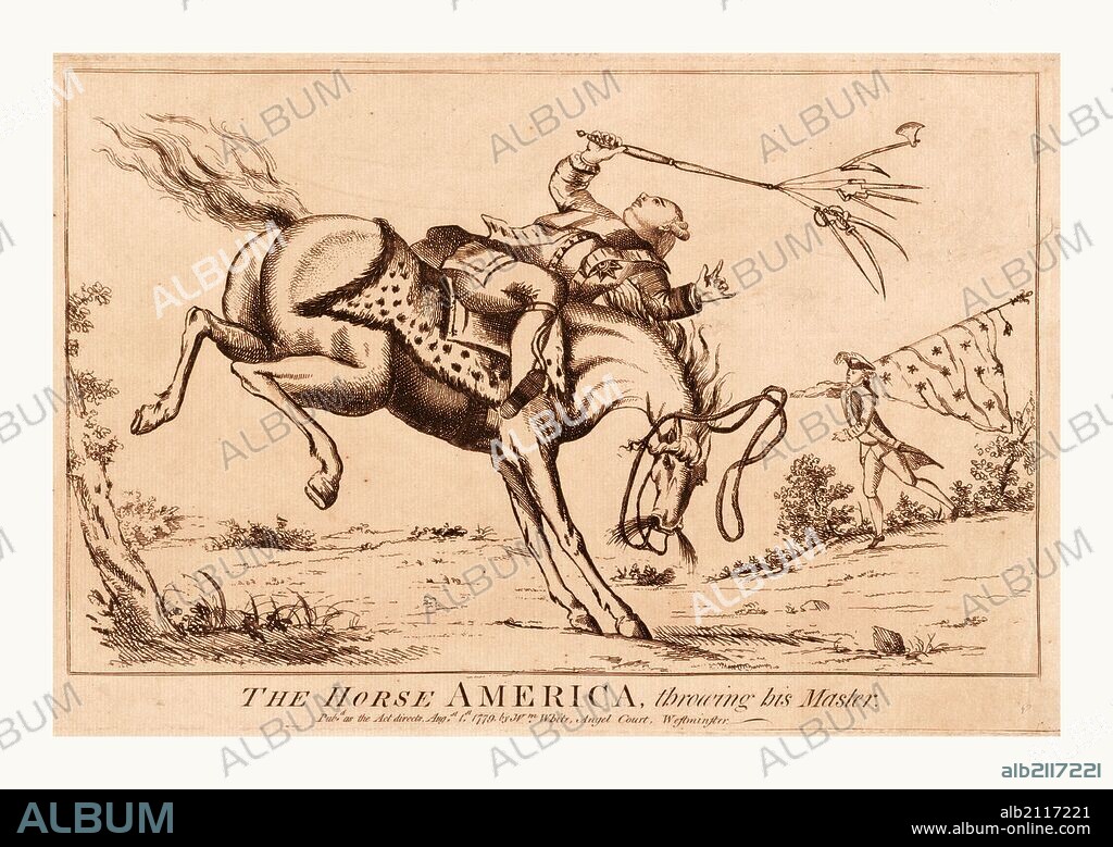 The horse America, throwing his master, en sanguine engraving shows a horse America throwing its rider, George III.