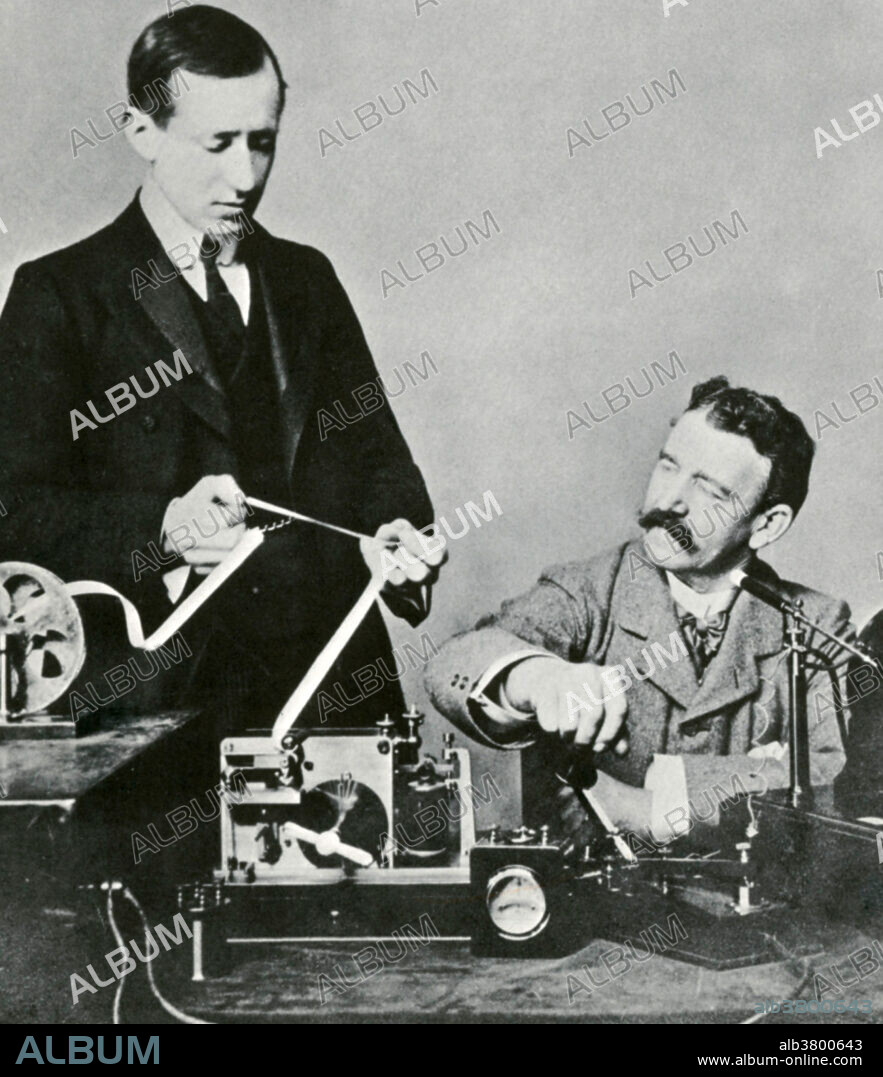 Portrait of Guglielmo Marconi (1874-1937), Italian physicist, Nobel Laureate and developer of wireless telegraphy. Marconi came from a wealthy family, and was privately tutored. In 1894 he read about the radio waves of Hertz, and set about applying this theory to sending signals. Making his own instruments, Marconi managed to send messages in morse code over increasingly longer distances. He moved to England in 1898, by then sending signals over 20 miles. In 1901 he reached his crowning achievement, by sending a radio message across the Atlantic Ocean. For this he shared the 1909 Nobel Prize in Physics with Karl Ferdinand Braun, and was given the title Marchese by the Italian Government.