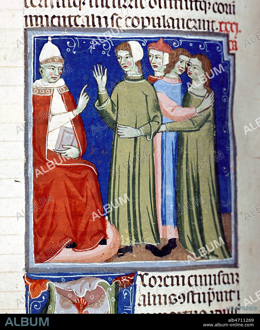 Scene de mariage. Enluminure tiree des Decretales de GREGOIRE IX (1145-1241), au 14eme s (XIVe, 14e s.). Manuscrit medieval conserve a la bibliotheque Sainte-Genevieve. Ms. 331 f°193. Credit : Collection JEAN VIGNE / Kharbine-Tapabor.