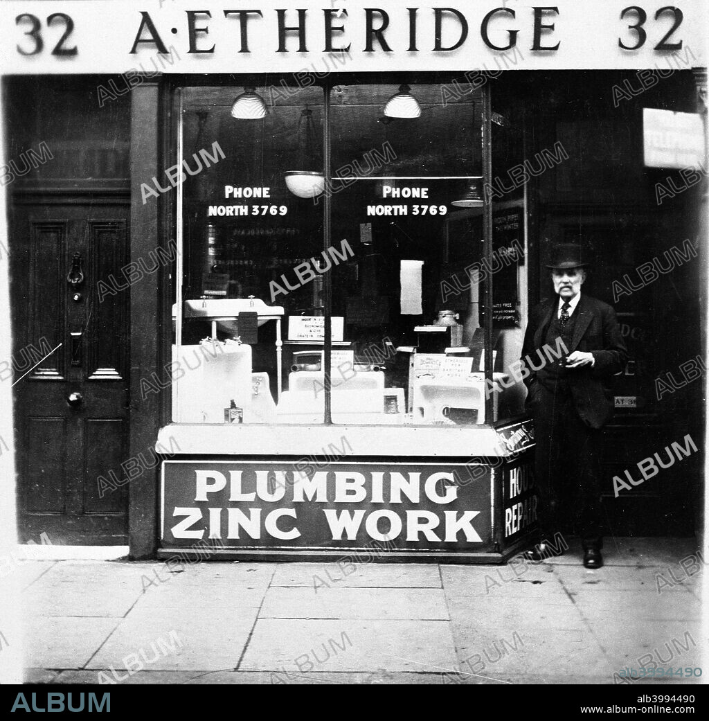 A Etheridge plumber's shop, possibly in Holloway Road, Islington, London, early 20th century.