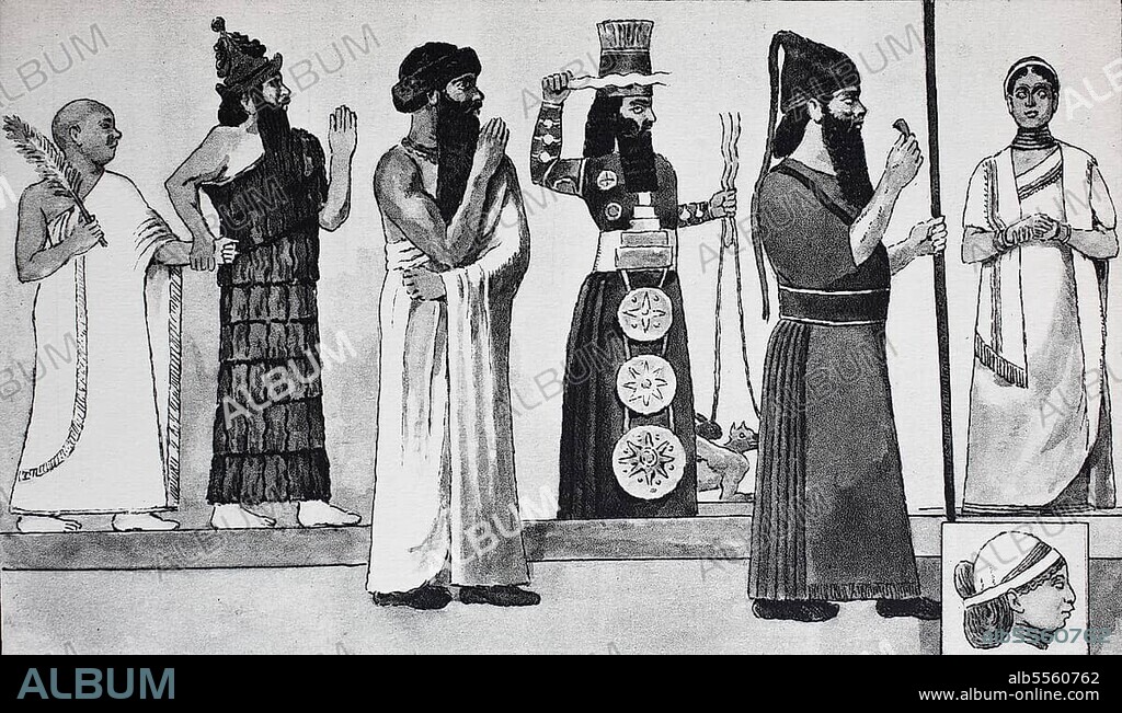 Dress fashion in Babylon and Assyria, from left, Old Babylonian priest-king Gudea c. 2250 BC in a woven white cloak is led by a god, the latter in a fur cloak, then King Hamurabi, c. 2200 BC. in a Sumerian cloak and crimson fur cap, then an idol of the Babylonian-Assyrian weather god Adad, then King Merodach-Baladan of Babylon, 722-710 B. C. then a noble Babylonian woman, digitally enhanced reproduction of a 19th century illustration