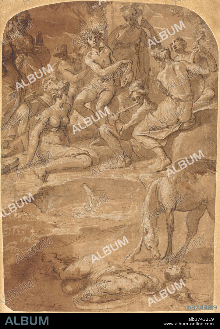 JOHANN CHRISTOPH STORER. Apollo and the Muses on Mount Parnassus. Dated: c. 1650. Dimensions: overall: 36 x 24.3 cm (14 3/16 x 9 9/16 in.). Medium: pen and brown ink and brown wash, heightened with white, over black chalk on laid paper.