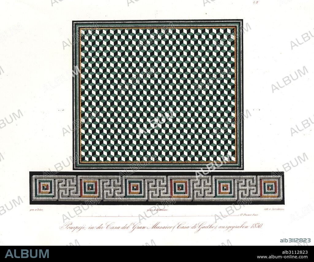 Mosaics from the House of the Faun, Casa del Fauno, Pompeii, excavated 1830. Also known as the house of the Alexander mosaic or the Casa di Goethe. Handcoloured lithograph by Sternheim after an illustration by Wilhelm Zahn from his Ornament of All Classical Art Eras, Ornamente aller klassischen Kunst-Epochen, Reimer, Berlin, 1834.