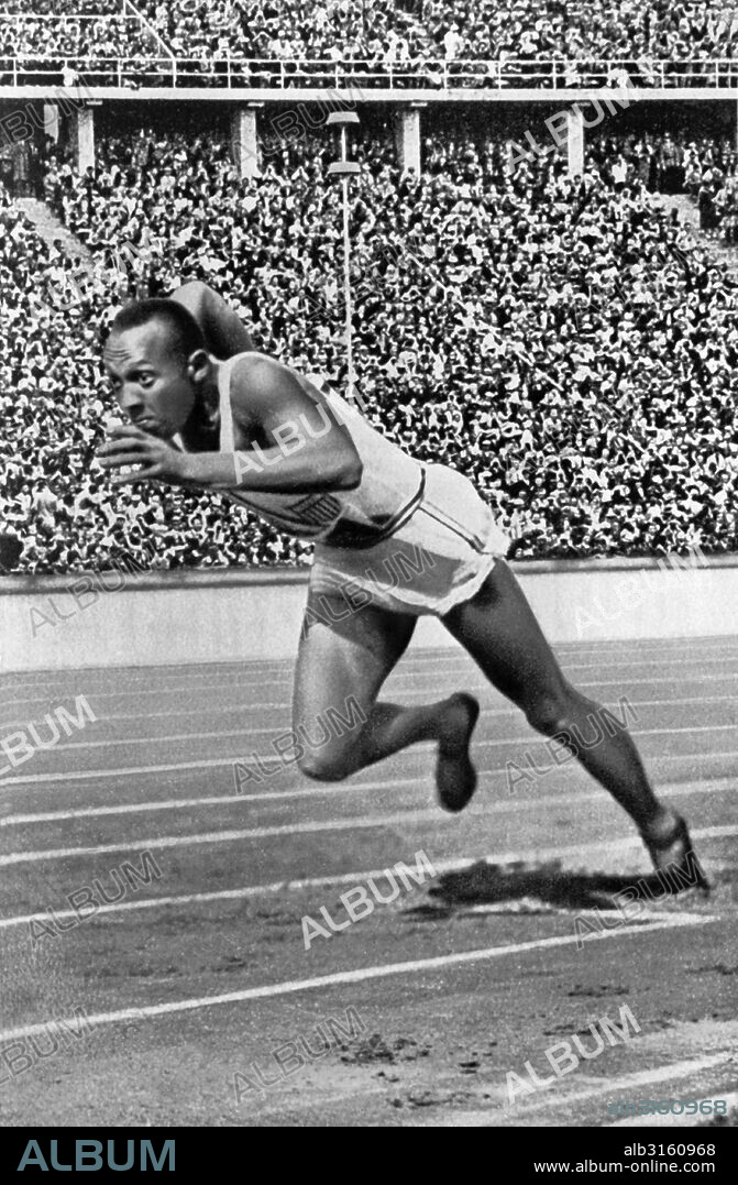 Berlin, Germany: 1936 American sprinter Jesse Owens at start of record breaking 200 meter race for which he won the gold medal at the Olympics.