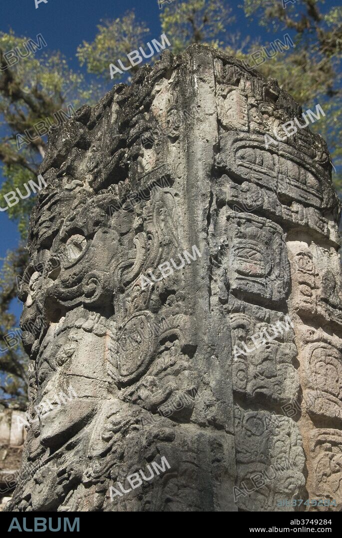 Mayan glyphs on the side of Stela P, West Court, Copan Archaeological Park, UNESCO World Heritage Site, Copan, Honduras, Central America.