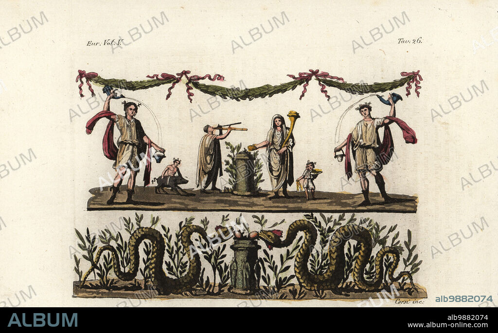 Lares house gods depicted in a Lararium shrine found in Herculaneum. Crowned genii pour libations and bring a boar to sacrfice, while a woman with cornucopia makes an offering on an altar and a man plays a tibia or aulos. Two serpents crawl toward a cista mystica (sacred chest) below. Lari da una pittura dErcolano. Handcoloured copperplate engraving by Corsi from Giulio Ferrarios Costumes Ancient and Modern of the Peoples of the World, Il Costume Antico e Moderno, Florence, 1843.