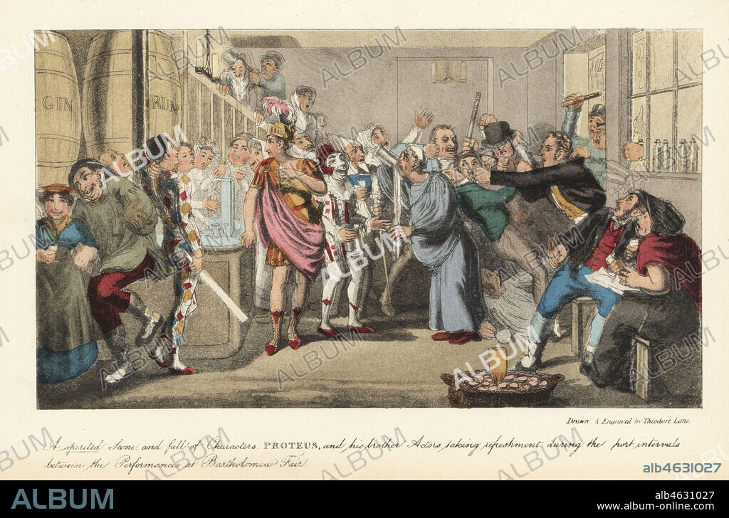 Actors in a gin palace at Bartholomew Fair, London. Actors in costume as Romans, Harlequin, clowns, etc, at a Regency tavern. A spiritual scene and full of characters. Proteus and his brother actors taking refreshment during the part intervals between performances at Batholomew Fair. Handcoloured engraving etched by Theodore Lane from Pierce Egans The Life of an Actor, Pickering and Chatto, London, 1892.