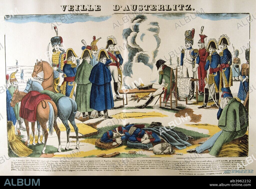 The eve of Austerlitz, 1 December 1805, (19th century). Napoleon rests by a fire with his troops camped near Austerlitz (Slavkov u Brna, Czech Republic). Regarded as Napoleon Bonaparte's greatest victory, Austerlitz was a sublime trap that destroyed the armies of his enemies Russia and Austria. Tricking his opponents into thinking he was weaker than he actually was, and then calling in nearby reinforcements, Bonaparte initially met the combined Allied army of 85,000 men and 278 guns with just 66,000 men. After much hard fighting the French crushed the Allies. Thousands of fleeing troops drowned when a frozen lake split under the weight of men and guns. French losses amounted to 8000 while the Russian and Austrian emperors, present at the battle, saw more than 27,000 men killed, wounded and captured. Bonaparte also captured 180 cannon.