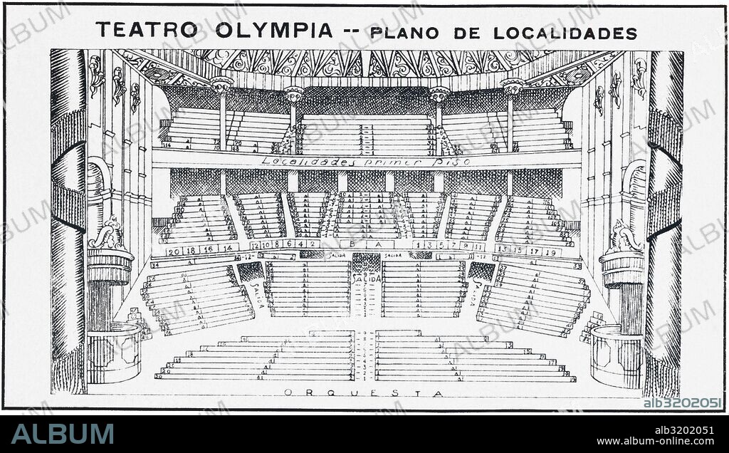 Barcelona. Plano de las localidades del Teatro Olympia, inaugurado en 1924. Dibujo de 1930.