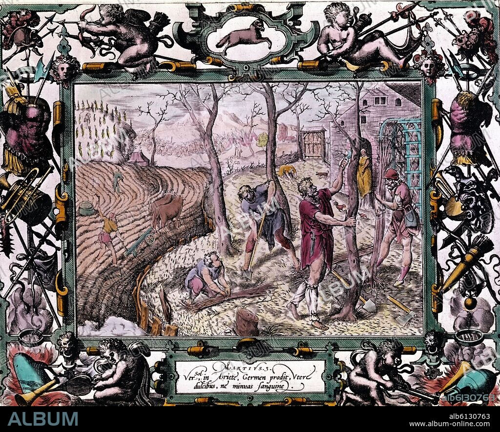 GERARD DE JODE (1509-1591). PODA Y PLANTACION DE ARBOLES - GRABADO CORRESPONDIENTE AL MES DE MARZO DE UN CALENDARIO DEL SIGLO XVI - GRABADO RENACENTISTA.