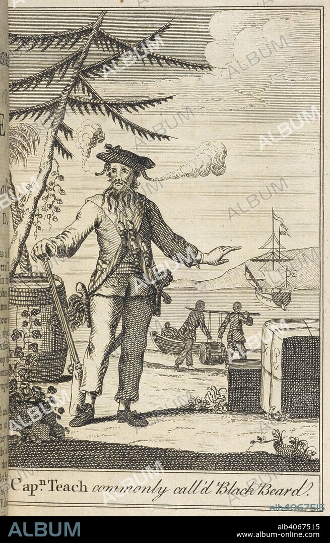CAPTAIN MACKDONALD. Cap'n Teach commonly call'd Blackbeard. Engraving depicting Edward Teach, the English pirate known as Blackbeard. He lit fuses under his hat to enhance his fearsome appearance. . A General History of the Lives and Adventures of the most famous highwaymen, murderers, pirates, street-robbers, and thief-takers, etc. London, 1758. Source: 10804.l.22, opposite page 162.