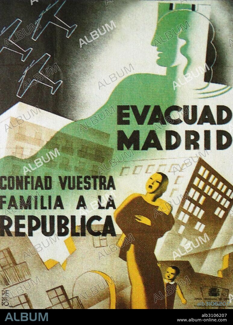 Propaganda poster issued by Executive Board of Defense of Madrid. 'Evacuate Madrid. Trust your family to the Republic'. This poster refers to one of the key moments in the evolution Republican Spanish Civil War: the evacuation of Madrid and the transfer of the capital of the Republic to Valencia before the siege of enemy troops. The Madrid artist Pedrero represents fear, misery and destruction escape through a simple composition, in schematic section, primary language and influences Deco.
