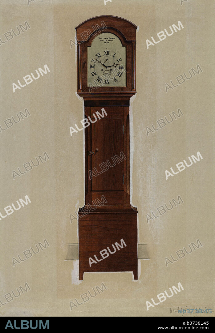IRVING I. SMITH. Shaker Tall Clock. Dated: c. 1937. Dimensions: overall: 31.9 x 22.2 cm (12 9/16 x 8 3/4 in.). Medium: watercolor, graphite, pen and ink, and gouache on paperboard.