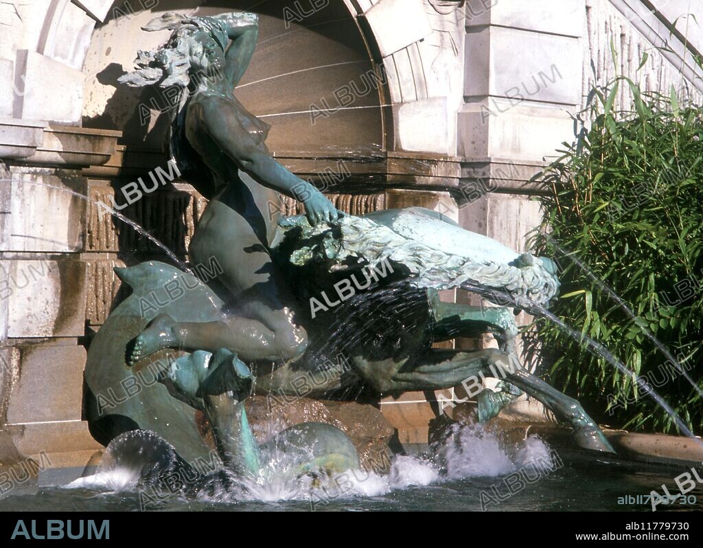 Mythology. Nereiad. Nereiad riding a seahorse - in front of the statuary group of Neptune in front of the Library of Congress, Washington D.C.