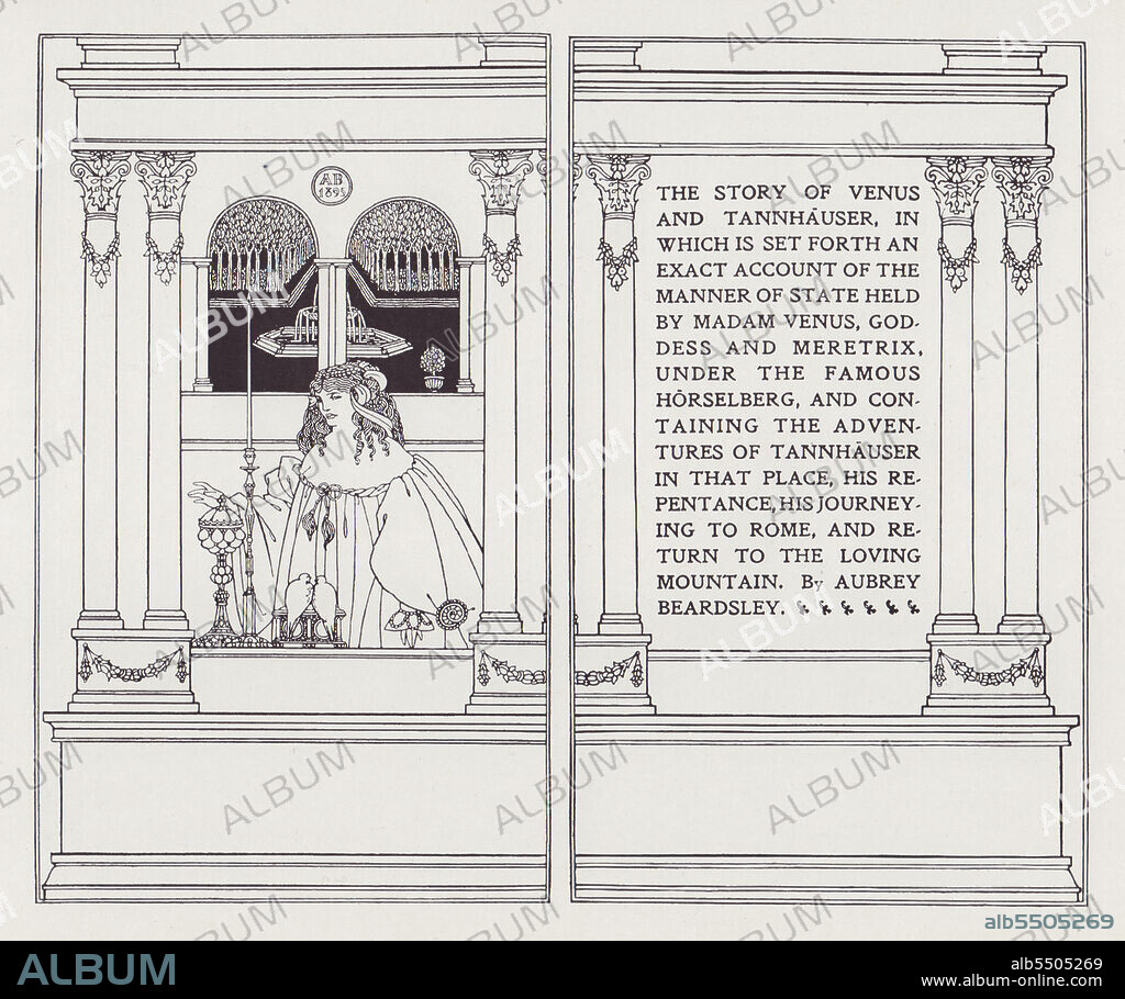 Frontispiece and Titlepage for Venus and Tannhauser, 1895. 'The story of Venus and Tannhäuser, in which is set forth an exact account of the manner of state held by Madam Venus, Goddess and Meretrix, under the famous Hörselberg, and containing the adventures of Tannhäuser in that place, his repentance, his journeying to Rome, and return to the loving mountain. By Aubrey Beardsley'. Illustration for "Under the Hill", an unfinished erotic novel by Beardsley based on the legend of Tannhäuser. The first parts were published in "The Savoy", and later issued in book form by Leonard Smithers. The original manuscript was published in 1907, titled "The Story of Venus and Tannhäuser". From "The Best of Beardsley" edited by R. A. Walker, [The Bodley Head, London, 1948].