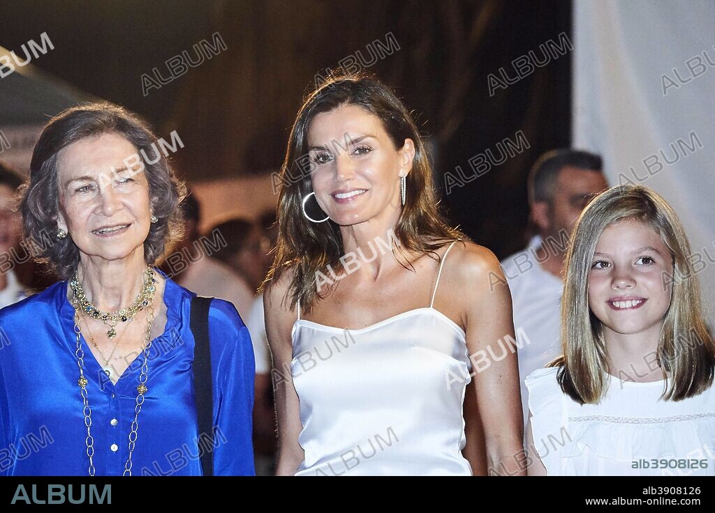 CROWN PRINCESS LETIZIA OF SPAIN and SOPHIA VON GRIECHENLAND. August 2, 2018 - Mallorca, Spain - US and Canada Only....August 1 2018, Mallorca....(L-R) Queen Sofia, Queen Letizia of Spain and Princess Sofia arriving at an Ara Malikian concert at Port Adriano on August 1, 2018 in Palma de Mallorca, Mallorca, Spain. 02/08/2018