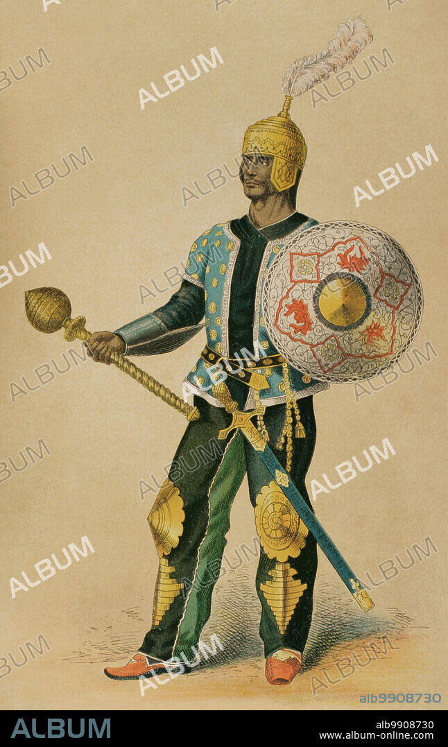 Ancient Persia. Timurid Empire. 15th century Persian general. Chromolithography. "Historia Universal", by César Cantú. Volume IX, 1881.