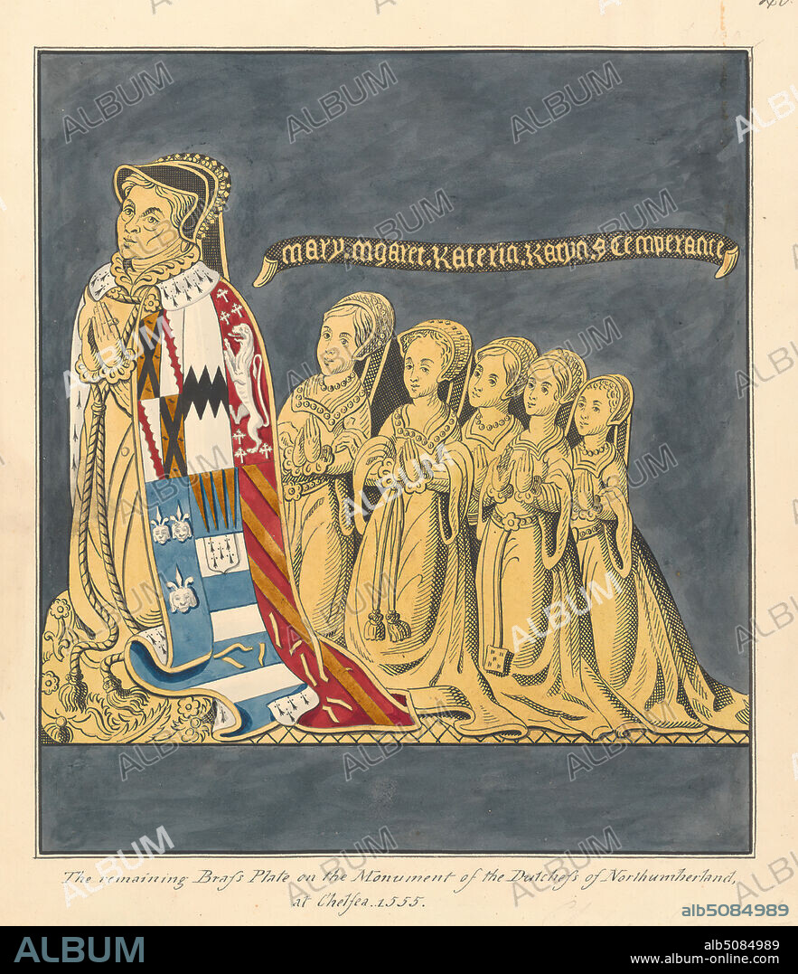 Brass Plate Monument of the Duchess of Northumberland and Her Daughters, Chelsea Church, Daniel Lysons, 17621834, British, between 1796 and 1811, Watercolor, graphite, white gouache, and pen and black ink on medium, slightly textured, cream wove paper, Sheet: 12 × 10 3/8 inches (30.5 × 26.4 cm), architectural subject, children, girls, historical subject, praying, England, Europe, London, United Kingdom.