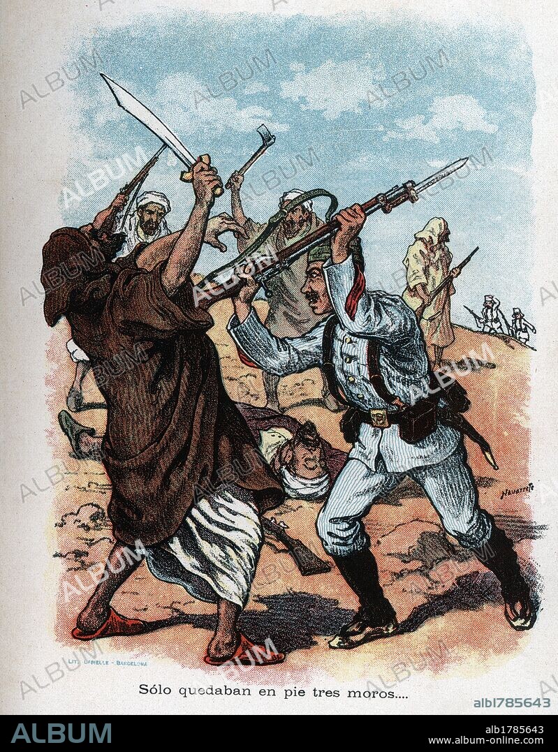 España. Campaña de Marruecos de 1909. Pelea contra tres moros. Dibujo de Navarrete, año 1910.