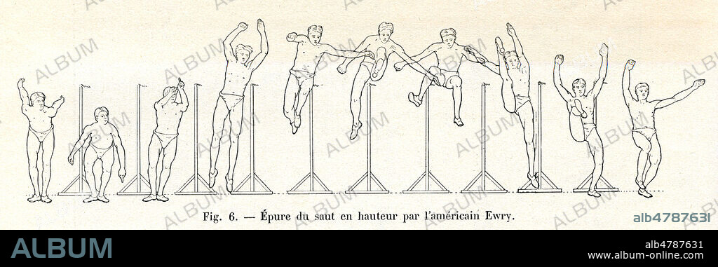 Epure du saut en hauteurpar l'americain EWRY. Illustration anonyme pour l'article 'La chronophotographie et les sports athletiques' par Etienne Jules MAREY (1830-1904) paru dans La Nature du 13 avril 1901. Credit : Collection Kharbine-Tapabor.