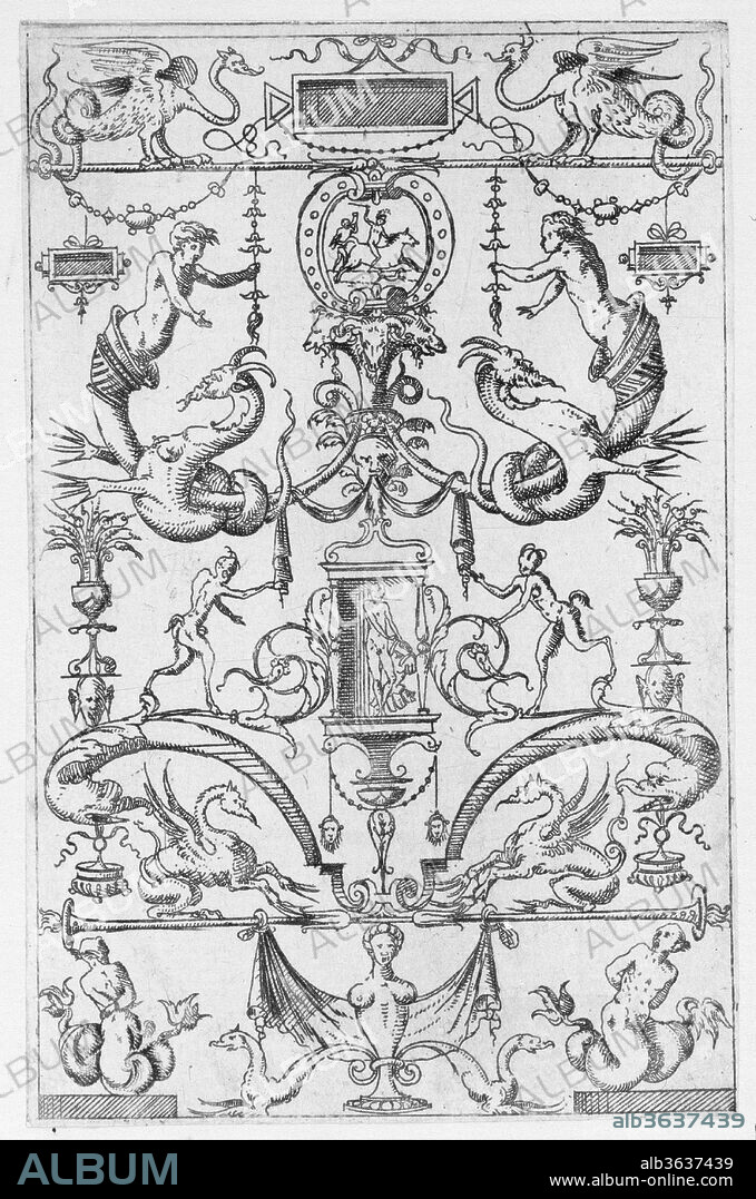 Grotesque Panel. Artist: Jacques Androuet Du Cerceau (French, Paris 1510/12-1585 Annecy). Dimensions: Sheet: 4 1/8 × 2 11/16 in. (10.5 × 6.8 cm). Series/Portfolio: Petites Grotesques. Date: 1550.