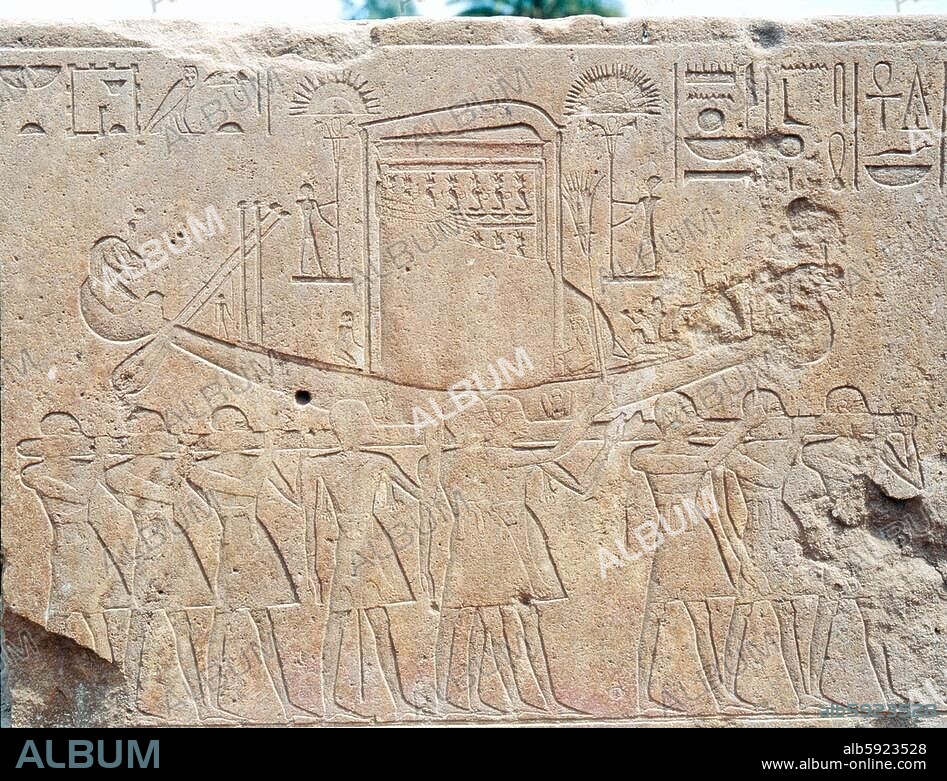 Priests carry the sacred boat with Amun's tabernacle .Relief from the Red Chapel of Hatshepsut which was demolished by her successor Tuthmosis III. Country of Origin: Egypt. Culture: Ancient Egyptian. Date / Period: 18th dynasty c. 1550-1295BC. Place of Origi (..).
