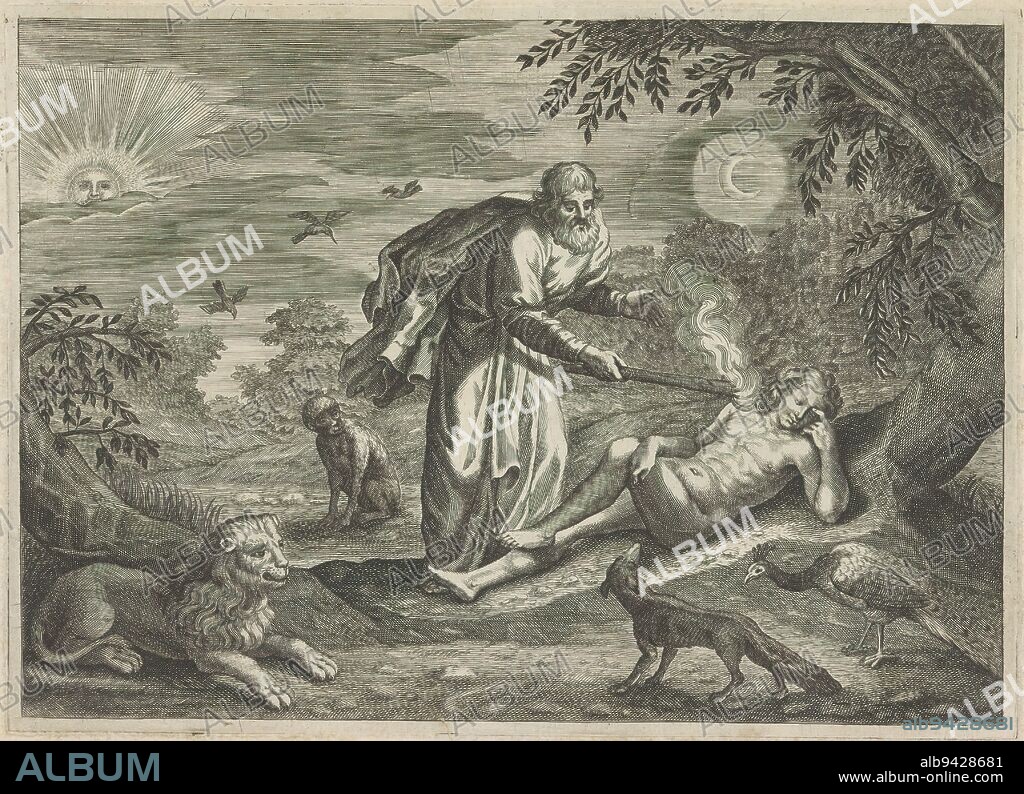 Prometheus creates the first man, Metamorphoses of Ovid (series title), Prometheus awakens the first man to life by holding a burning torch against him. He had stolen the fire from the sun chariot with the help of Minerva. Around them various animals look on. In the firmament the sun and the moon., print maker: Crispijn van de Passe (II), (workshop of), publisher: Crispijn van de Passe (I), (attributed to), c. 1636 - 1670, paper, engraving, height 160 mm × width 221 mm.