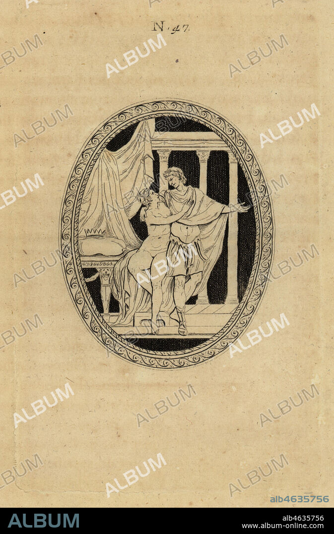 Emperor Titus saying farewell to Jewish queen Berenice of Cilicia. The naked queen embraces the Roman emperor. Titus faisant ses adieux a la Reine Berenice. Copperplate engraving from Pierre-Francois d'Hancarvilles Monumens de la Vie Privee des Douze Cesars, Chez Sabellus, Capri (Monuments of the Private Lives of 12 Caesars, Leclerc, Nancy) 1780. From imaginary Spintria, medals and cameos.
