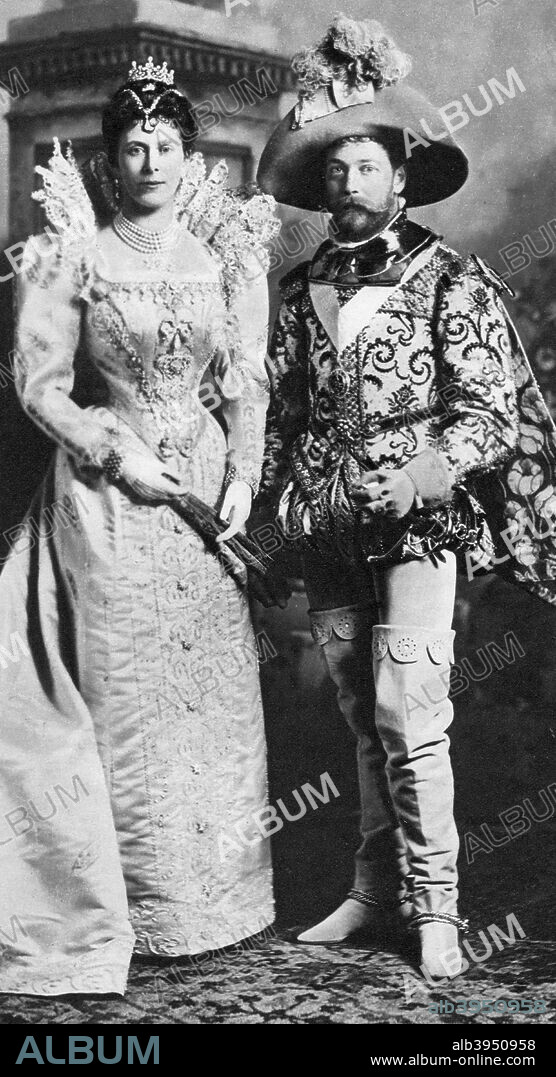 Prince George and Mary of Teck in fancy dress, Devonshire House Ball, 1897. The future King George V with his wife in Elizabethan costume. Illustration from George V and Edward VIII, A Royal Souvenir, by FGH Salusbury, a souvenir book published as Edward VIII was crowned following the death of his father, George V, (Daily Express Publication, London, 1936).