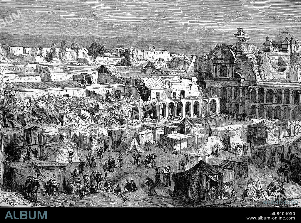 Arequipa, the capital of the Arequipa region of the same name in the south of the South American Andean state of Peru, after an earthquake, 1868, Historic, digitally restored reproduction of an original 19th century painting, exact original date not known
