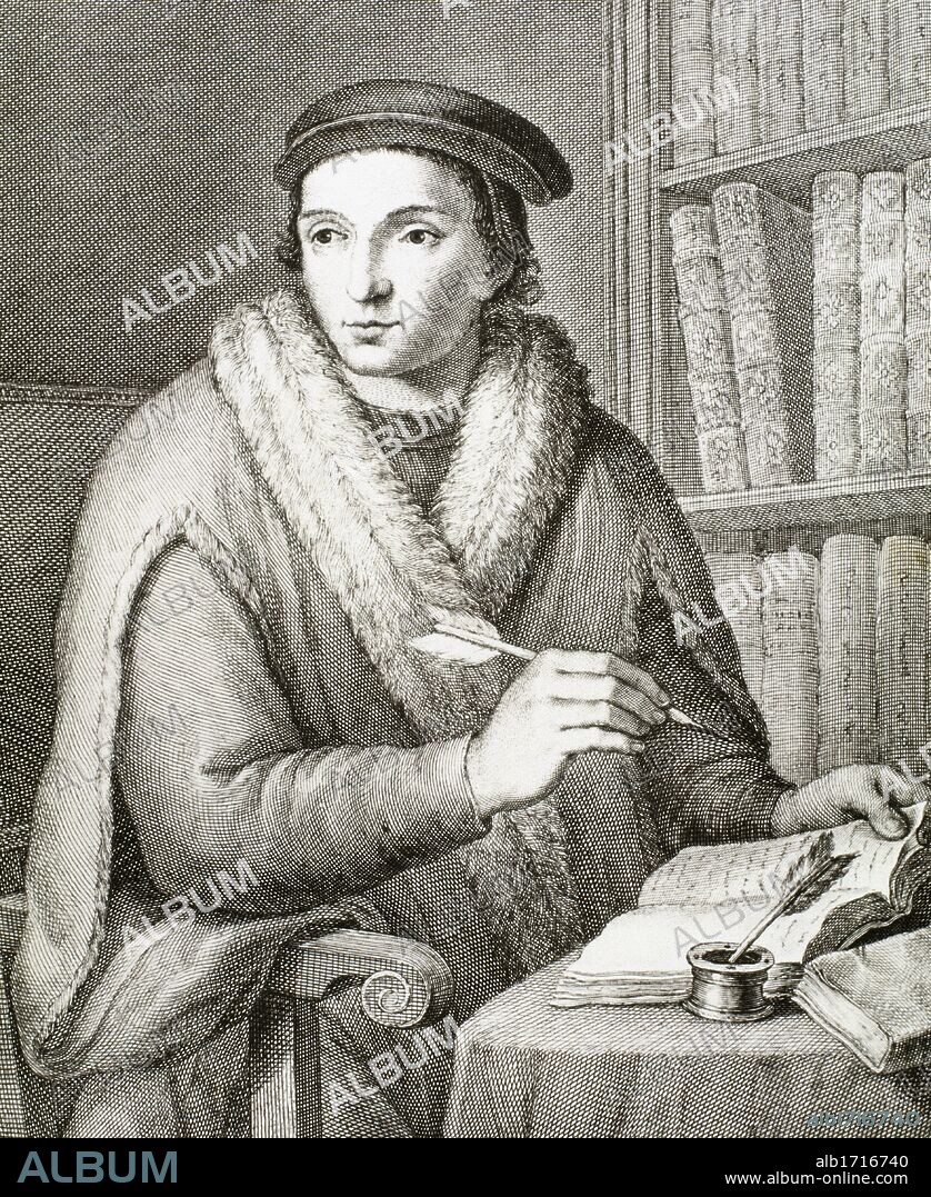 VIVES, Juan Luis (Valencia, 1492-Brujas, 1540). Humanista y filósofo español, exiliado de España por su origen judío. Formado en París (1509-12). Profesor en Lovaina (1519) y preceptor de María de Gales. Grabado.