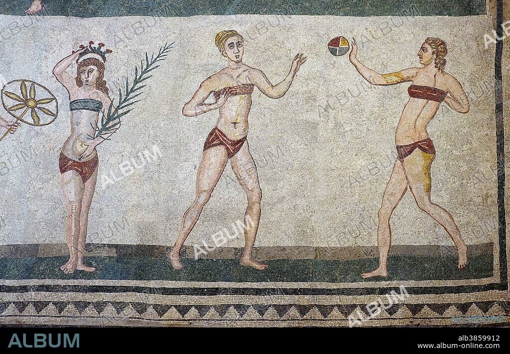 Bikini girls, antique floor mosaic, Villa Casale, Villa Romana del Casale, Piazza Armerina, Sicily, Italy