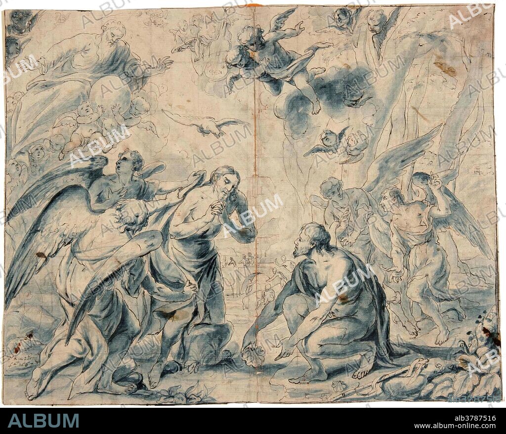 PEDRO RUIZ GONZÁLEZ. Pedro Ruiz González / 'The Baptism of Christ'. 1667. Blue wash, Pencil, Black ink on dark yellow laid paper.