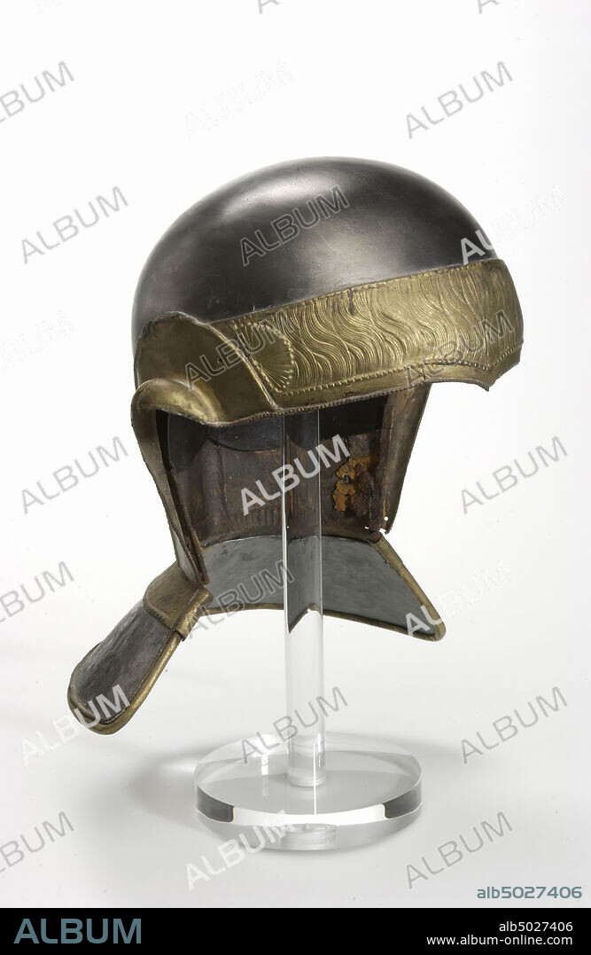 Robinson type Auxiliary Cavalry type H. Parts of a helmet, forehead, earmuffs, neck protectors, etc., helmet, metal, iron, height: 32.5 cm, roman 175-225 AD, The Netherlands, Gelderland , Nijmegen, Nijmegen, Waal.