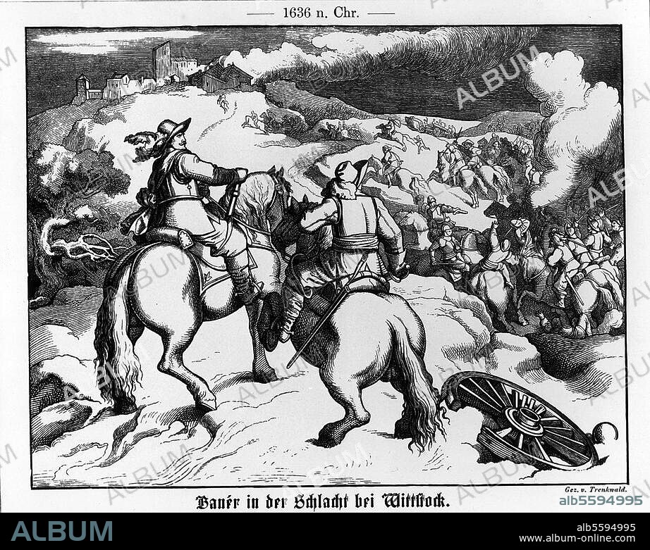 Dreißigjähriger Krieg 1618-48 / Schlacht bei Wittstock am 4. Oktober 1636. (Sieg der Schweden unter Johan Baner über die Kaiserlichen unter Melchior von Hatzfeld). "Baner in der Schlacht bei Wittstock". Holzstich, um 1860, nach Zeichnung von Josef Mathias von Trenkwald (1824-1897). Berlin, Sammlung Archiv für Kunst und Geschichte.